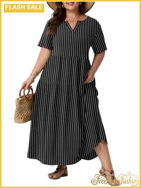 Plus Size Maxi Dress Tiered Flowy V-Neck Short Sleeve Pockets Boho Summer